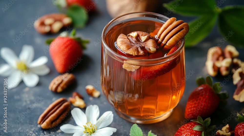 Bright Morning Breakfast Delight with Maple Pecan Tea and Fresh Strawberries - Top View of Spring Concept Bright Morning Breakfast Delight with Maple Pecan Tea and Fresh Strawberries - Top View of Spring Concept