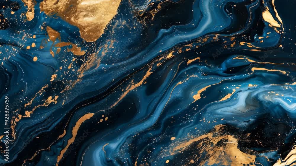 Liquid gold mixing with blue creating abstract patterns Liquid gold mixing with blue creating abstract patterns