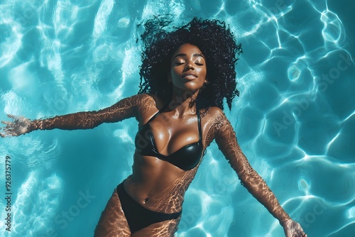 Beautiful black woman relaxing in the pool