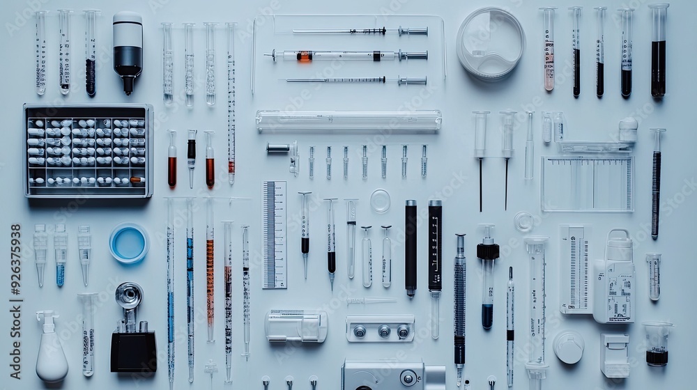 Assorted medical laboratory equipment on a bench, top view Assorted medical laboratory equipment on a bench, top view