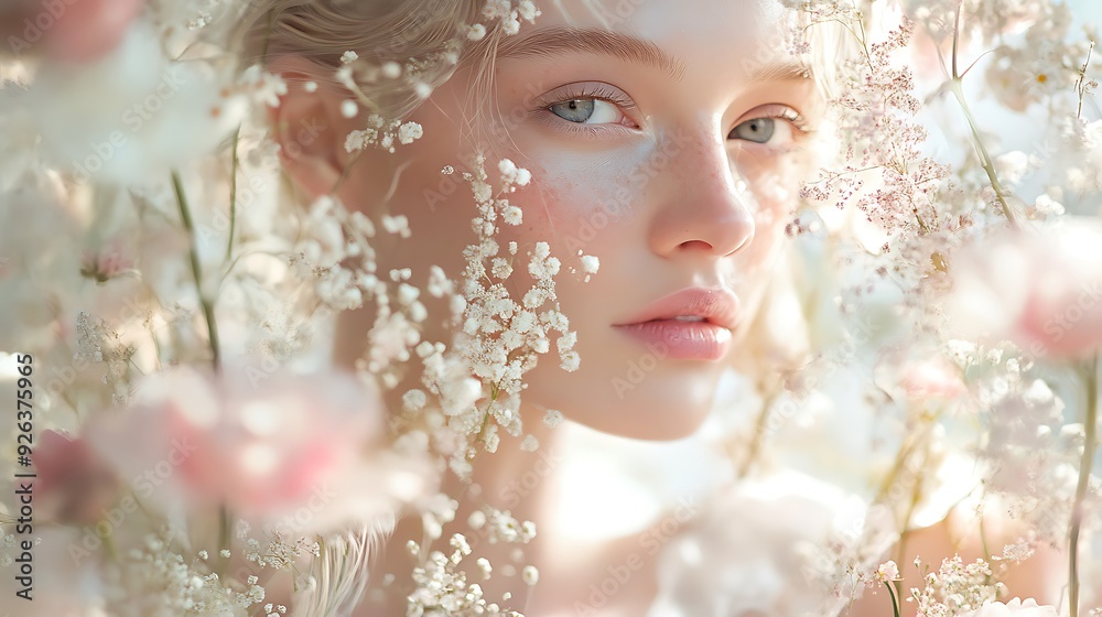 A woman with light blonde hair and blue eyes is looking to the right. She is surrounded by white and pink flowers, and the sun is shining brightly. A woman with light blonde hair and blue eyes is looking to the right. She is surrounded by white and pink flowers, and the sun is shining brightly.