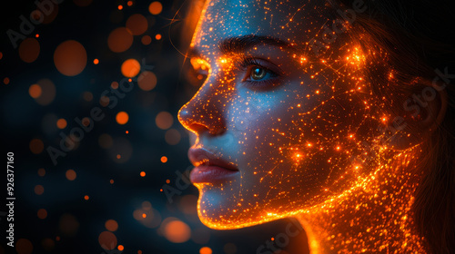 Neon Network Portrait of Woman Side View with Glowing Nodes on Black Banner, Artificial Intelligence Concept, Illuminated Face and Futuristic Technology Theme, Copy Space for Text