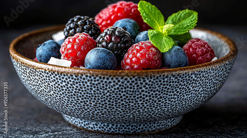 Chia pudding bowl with fresh berries, nuts, and coconut flakes on a light background with green leaves photo