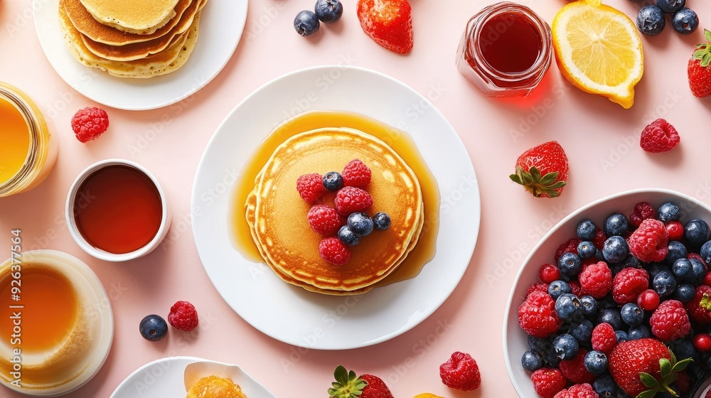 Breakfast table with pancakes, berries, and syrup, top view Breakfast table with pancakes, berries, and syrup, top view