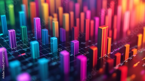 A detailed shot of a 3D bar chart with bars rising from a 3D grid, showcasing different data sets with distinct colors and precise axis markers.