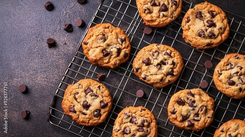 Chocolate chip cookies on a cooling rack, top view