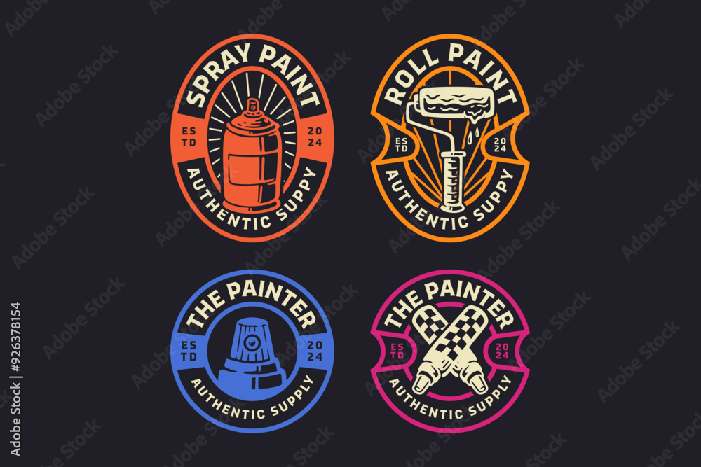 pilox, spray paint can, paint roll brush, spray button, marker retro badge logo design set for paint shop, graffiti, garage and creative business pilox, spray paint can, paint roll brush, spray button, marker retro badge logo design set for paint shop, graffiti, garage and creative business