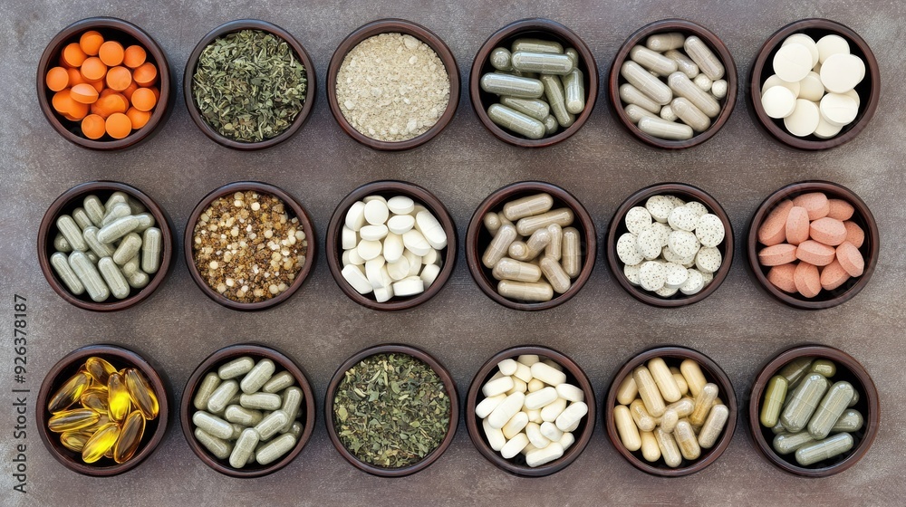 Collection of herbal medicines and natural supplements, top view Collection of herbal medicines and natural supplements, top view