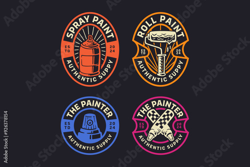 pilox, spray paint can, paint roll brush, spray button, marker retro badge logo design set for paint shop, graffiti, garage and creative business