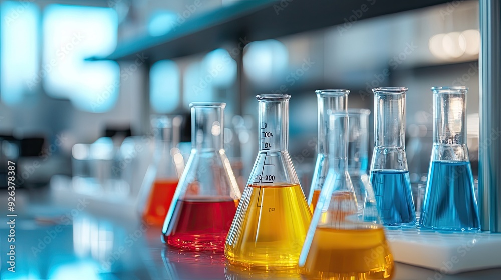 Colorful chemistry lab equipment set up on a lab table, including beakers and test tubes Colorful chemistry lab equipment set up on a lab table, including beakers and test tubes
