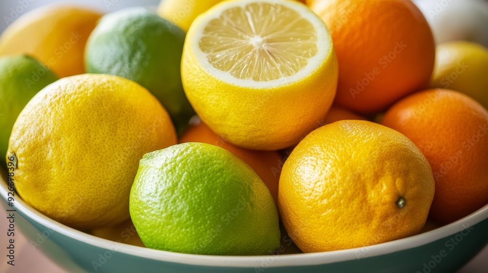 A detailed shot of a bowl of mixed citrus fruits, including lemons, limes, and oranges, highlighting their bright colors and refreshing appearance.