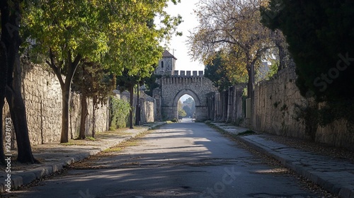 Majestic Medieval Road Leading to Ancient Catalan Castle in Europe - European Tourism Concept with Old Fortress Walls