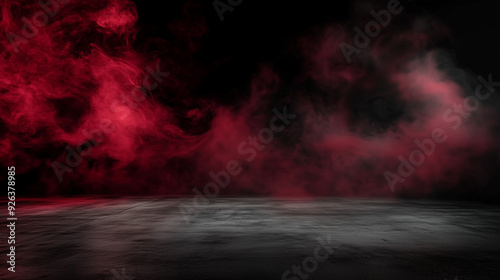 Abstract red smoke rising against a black background, with a concrete floor in a dark room. The empty scene is perfect for product display, presentation, and studio decoration, creating a dramatic and