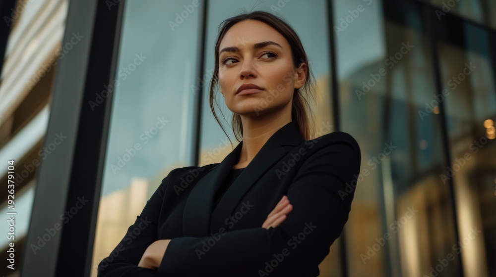A detailed shot of a businesswoman in a black blazer, with her arms crossed and a determined expression, standing in front of a modern, glass-paneled office building. A detailed shot of a businesswoman in a black blazer, with her arms crossed and a determined expression, standing in front of a modern, glass-paneled office building.
