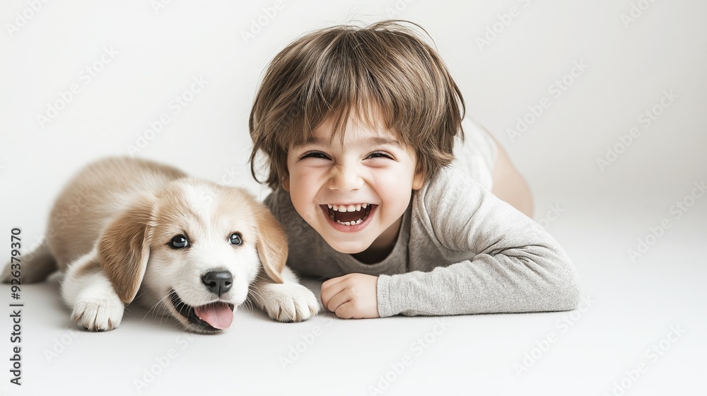 Adorable Girl and Playful Puppy Enjoying Time Together on White Background, Capturing Essence of Innocence, Joy, and Friendship.
