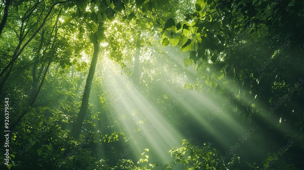 Enchanted forest with a vibrant green canopy and sunlight filtering through Enchanted forest with a vibrant green canopy and sunlight filtering through