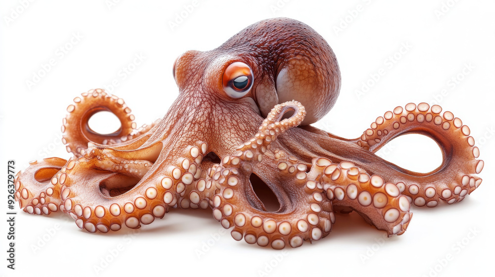 Obraz premium An octopus with its many arms is shown on a white background. --ar 16:9 --v 6.1 Job ID: 0fde0543-1cb4-4792-88e9-ff6bdceca8bb