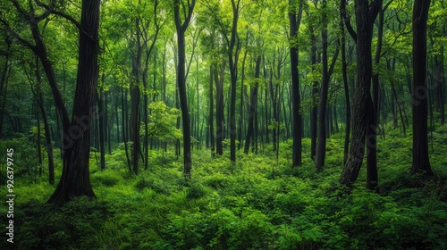 Enchanted forest with thick undergrowth and vibrant green leaves, summer