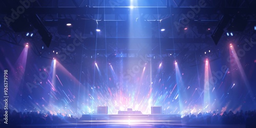 Enchanting Anime-Style Stage with Spotlights Piercing the Darkness, Evoking the Mystical Concert Lighting and Abstract Art Concepts Ideal for Game and Storybook Illustrations, Comic Books, and Picture