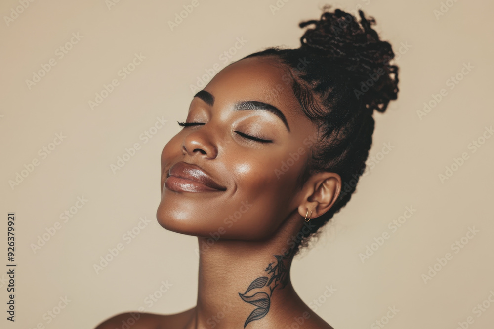A close up of a tattooed black woman's face with her eyes closed A close up of a tattooed black woman's face with her eyes closed