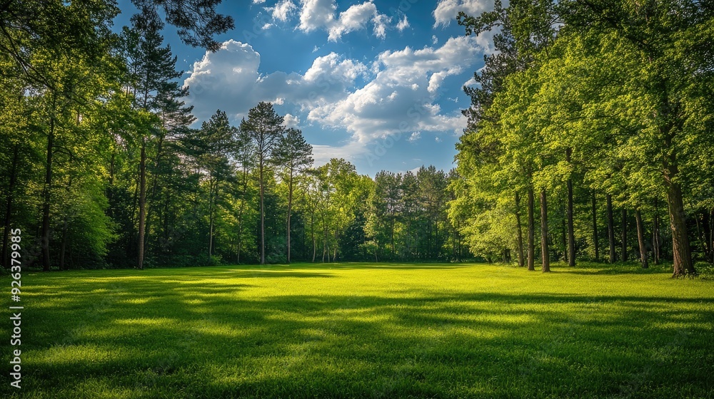 Obraz premium Forest clearing with a vibrant green meadow and surrounding trees, sunny day