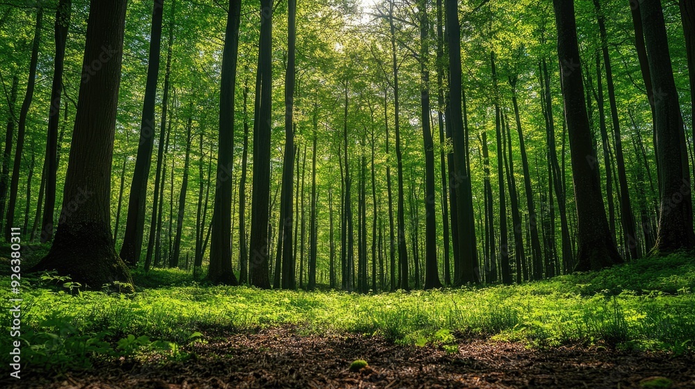 Forest in spring with new growth and vibrant green leaves, fresh and serene Forest in spring with new growth and vibrant green leaves, fresh and serene