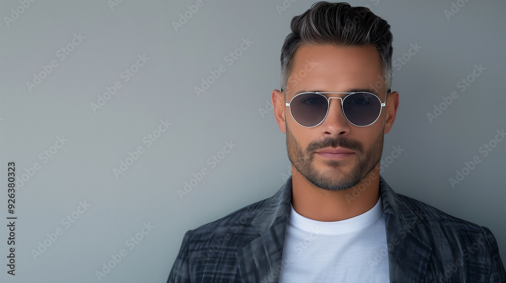 Fototapeta premium A sophisticated man wearing dark aviator sunglasses, exuding confidence and style, dressed in a patterned blazer with a modern look.