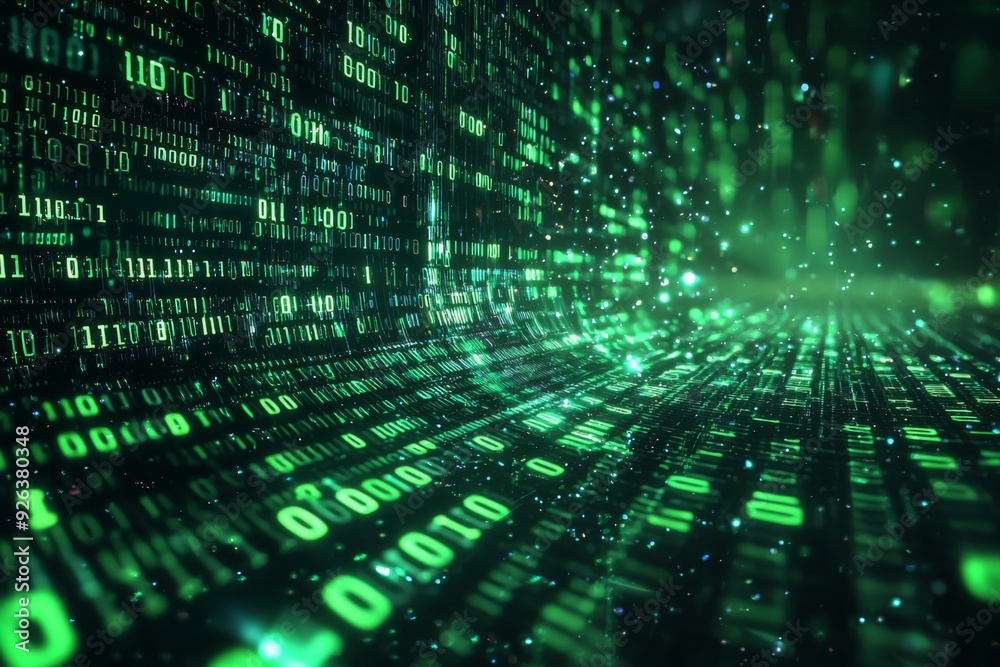 Green Dark Binary Code with Data Streaming Background created with Generative AI