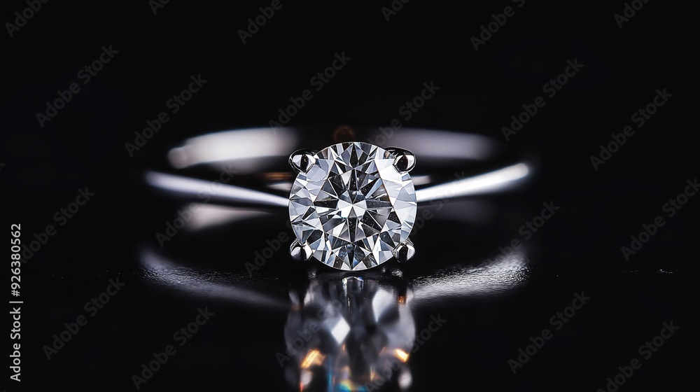 Exquisite Round Cut Diamond Engagement Ring with Sparkling Diamonds in 18K White Gold Setting, Isolated on Elegant Black Background Exquisite Round Cut Diamond Engagement Ring with Sparkling Diamonds in 18K White Gold Setting, Isolated on Elegant Black Background
