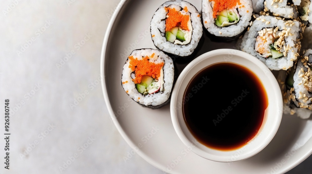 Freshly made sushi rolls with soy sauce and wasabi, top view Freshly made sushi rolls with soy sauce and wasabi, top view