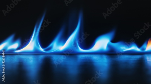 Blue flames of a gas burner dancing on a black reflective surface, creating a mesmerizing abstract background texture with vibrant blue and orange hues