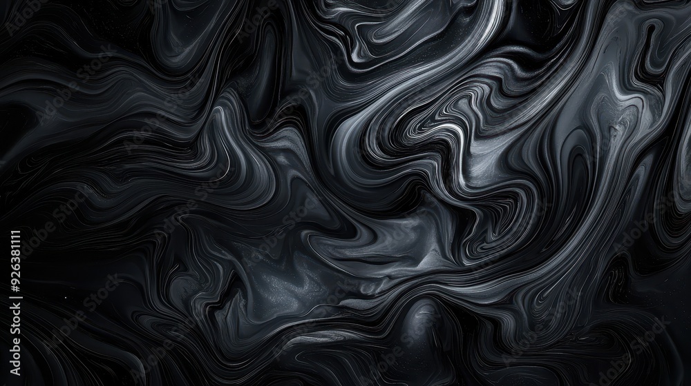 Obraz premium Abstract black and silver swirling patterns creating a fluid, dynamic texture.