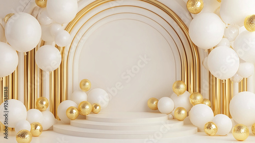 White and Gold Balloons in 3D Rendering, Styled as Arched Doorways, with Light Beige and Orange, Simplistic Vector Art, Artist’s Frame, Confessional, and Balloon Garland Decoration Elements for Luxury photo