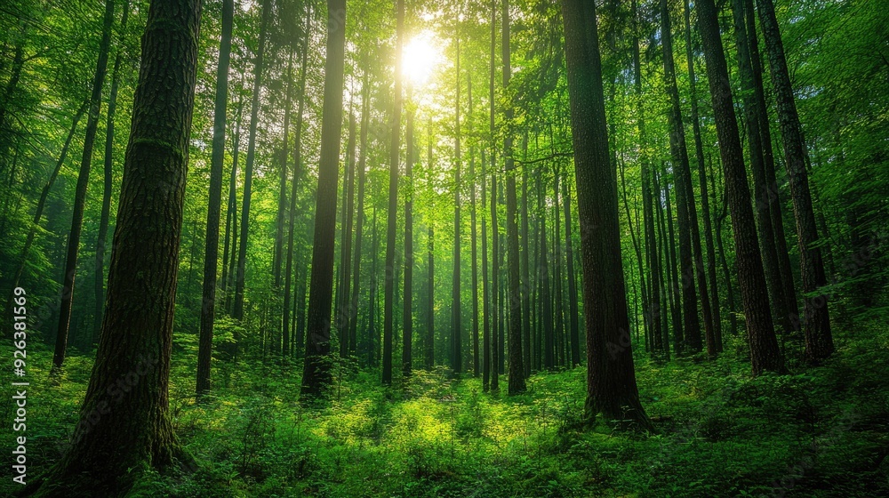 Majestic forest with towering trees and lush undergrowth, timeless beauty Majestic forest with towering trees and lush undergrowth, timeless beauty