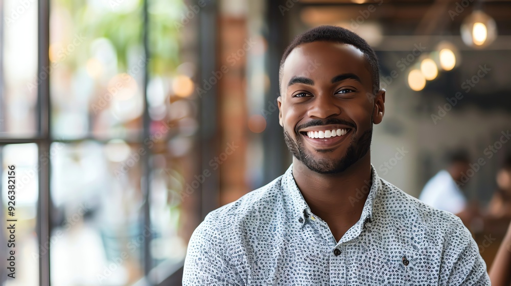 A Black man smiles at the camera while sitting indoors. A Black man smiles at the camera while sitting indoors.