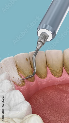 Oral hygiene: Scaling and root planing (conventional periodontal therapy). Medically accurate 3D Animation of human teeth treatment