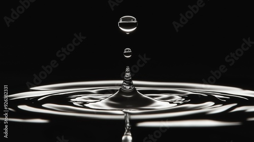 Close-up of a single water drop creating a beautiful splash with smooth ripples on a black background, isolated and elegantly displayed photo