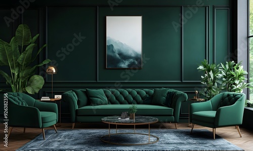 Green Velvet Living Room with Gold Accents and a Mountain Landscape Artwork