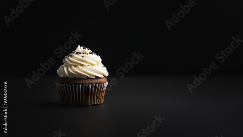 Decadent solus chocolate cupcake with silky vanilla frosting and luscious chocolate sprinkles, a delectable treat on black background with space for text photo