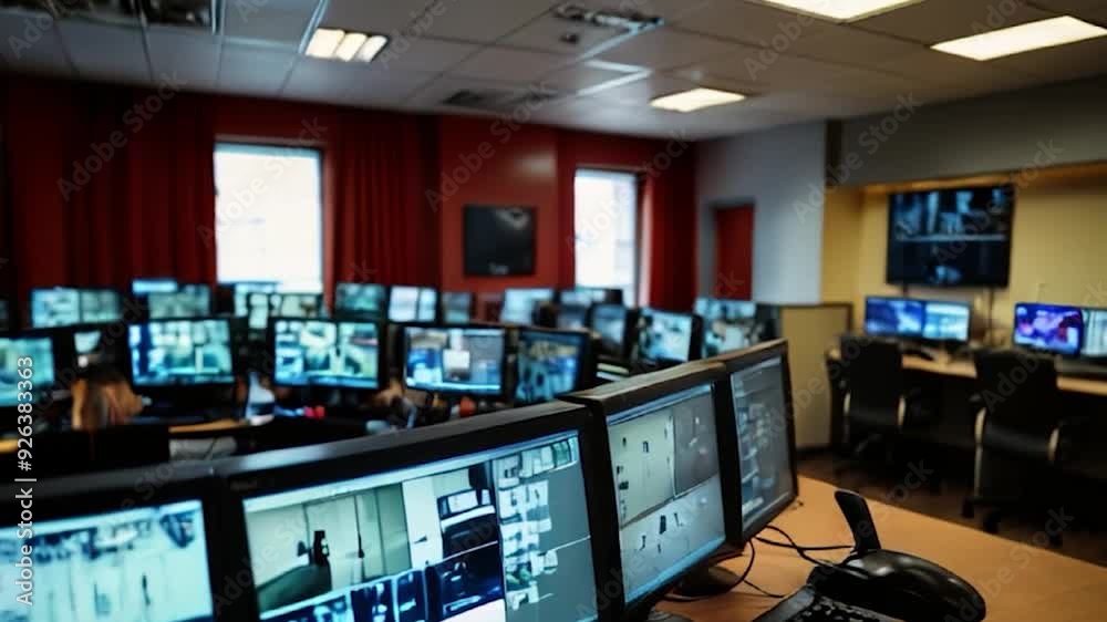 Security Monitoring Room with Multiple Computer Screens Displaying Live Surveillance Footage Security Monitoring Room with Multiple Computer Screens Displaying Live Surveillance Footage