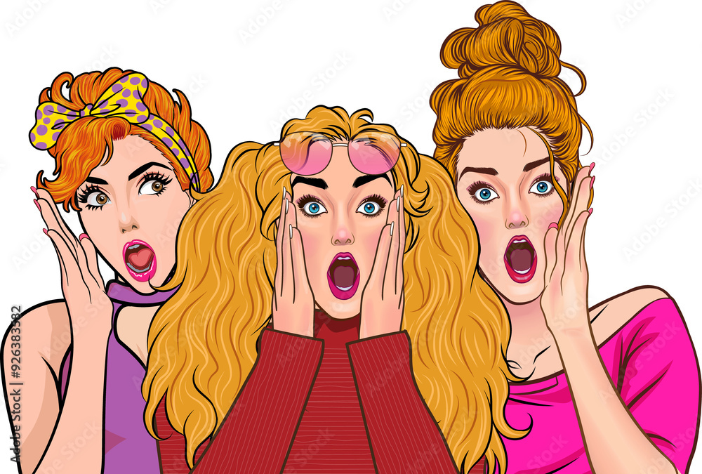Woman whispering gossip or secret to her friend surprised In Retro Vintage Pop Art Comic Style Woman whispering gossip or secret to her friend surprised In Retro Vintage Pop Art Comic Style