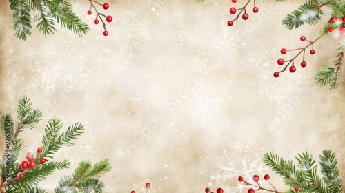 Vintage Christmas Background with Frosted Fir Branches and Red Berries on Beige