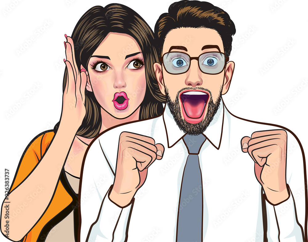 people whispering gossip or business secret to friend surprised In Retro Vintage Pop Art Comic Style people whispering gossip or business secret to friend surprised In Retro Vintage Pop Art Comic Style