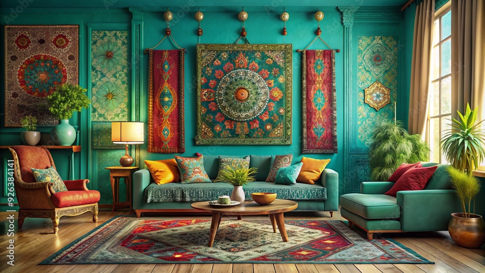 eclectic bohemian vibe on a vibrant turquoise painted wall in a globally-inspired living room with colorful tapestries and Moroccan tiles