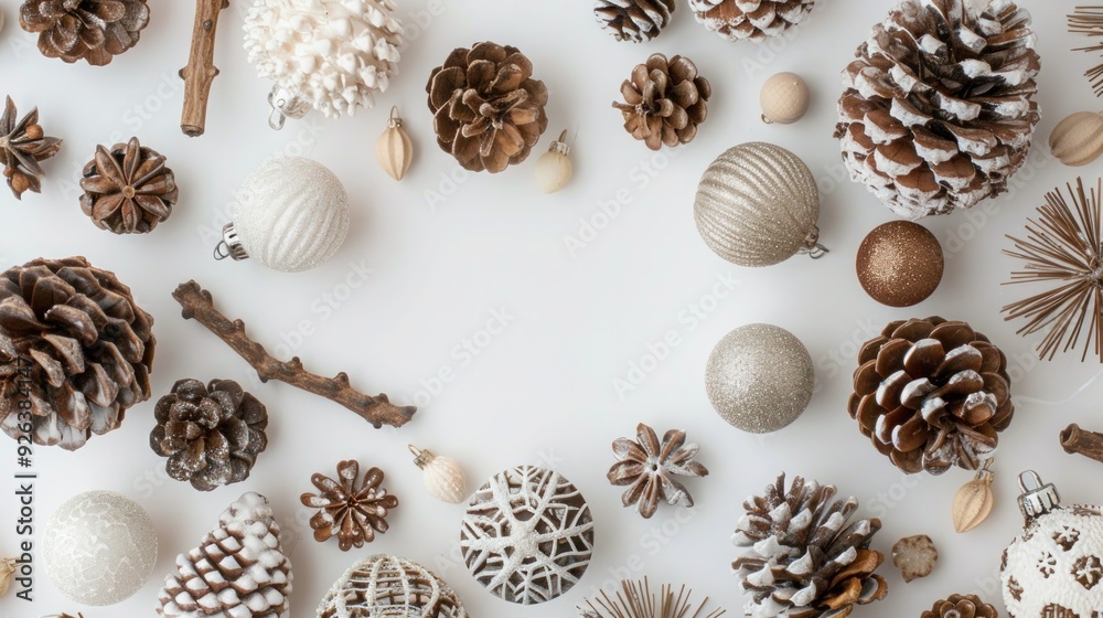 Elegant Christmas Background with Ornaments on White Surface Elegant Christmas Background with Ornaments on White Surface