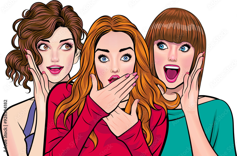 Woman whispering gossip or secret to her friend surprised In Retro Vintage Pop Art Comic Style Woman whispering gossip or secret to her friend surprised In Retro Vintage Pop Art Comic Style