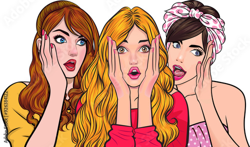 Woman whispering gossip or secret to her friend surprised In Retro Vintage Pop Art Comic Style