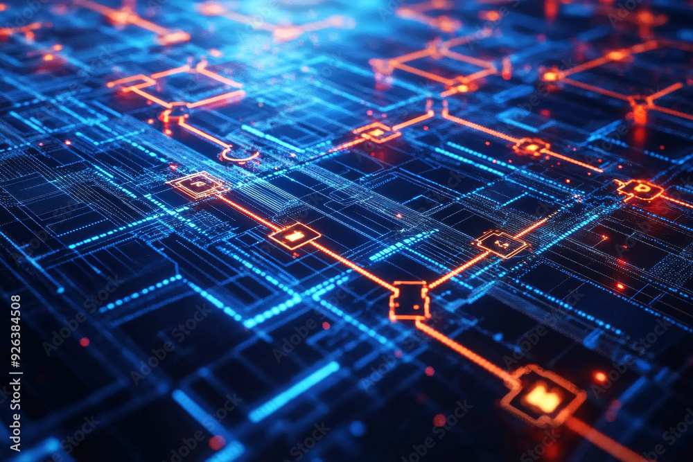 A computer network is shown in blue and orange. The network is made up of many small squares and lines A computer network is shown in blue and orange. The network is made up of many small squares and lines