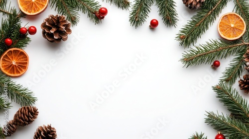 Festive Christmas Background with Citrus Fruits and Natural Elements on White Surface