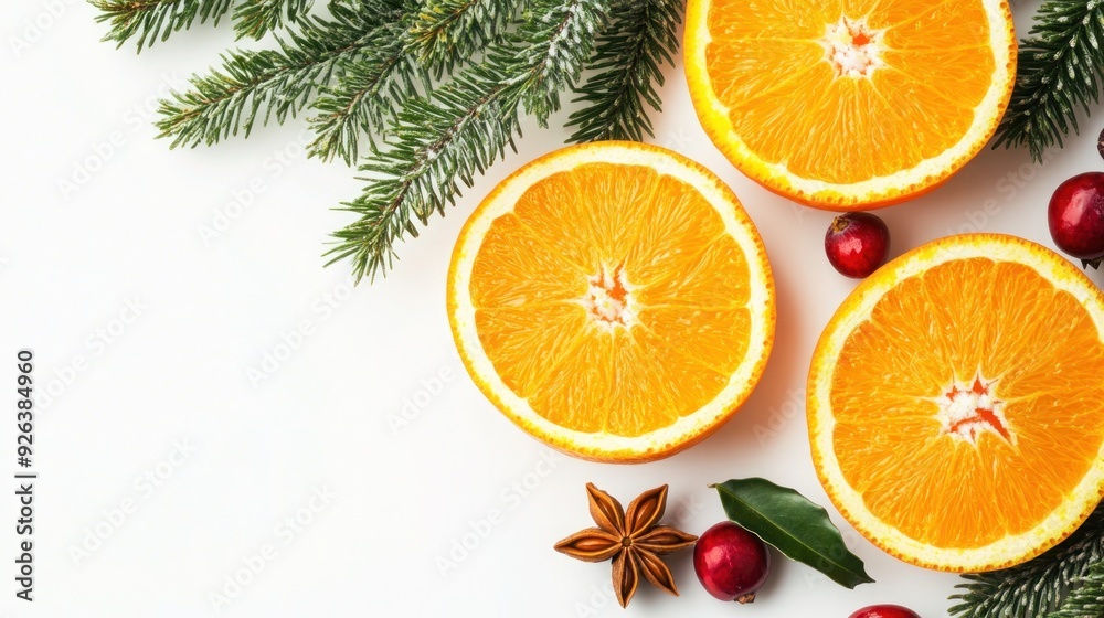 Festive Christmas Background with Citrus Fruits and Natural Elements on White Surface